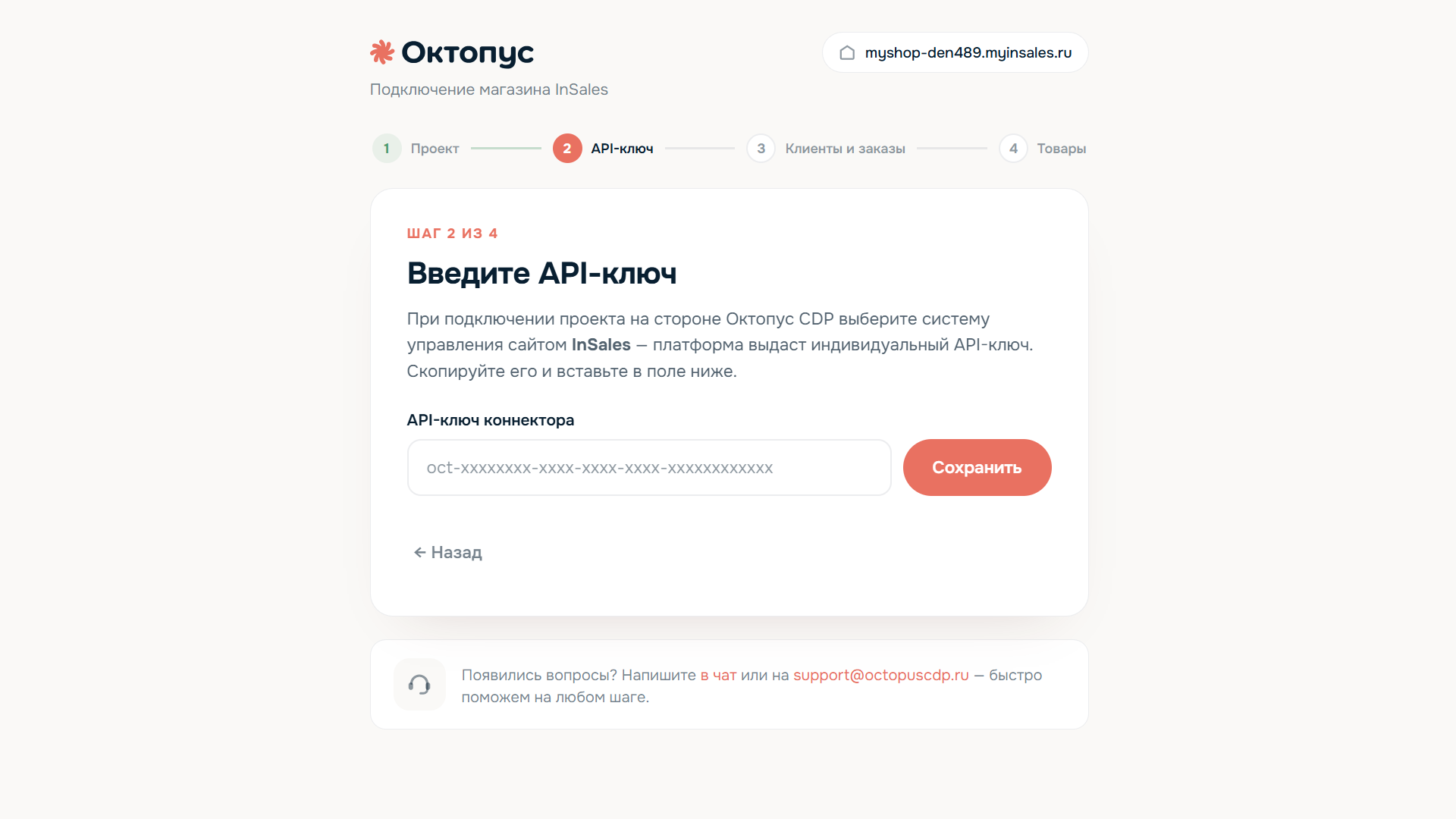 Мастер InSales, шаг 2 «API-ключ»